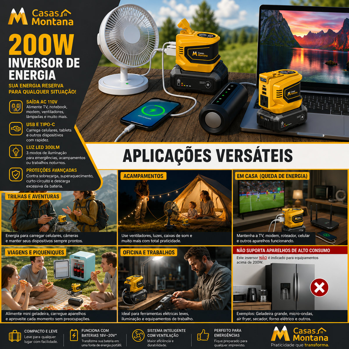 Inversor de Energia 200W para Eletrodomésticos – USB, Tipo-C e Luz LED