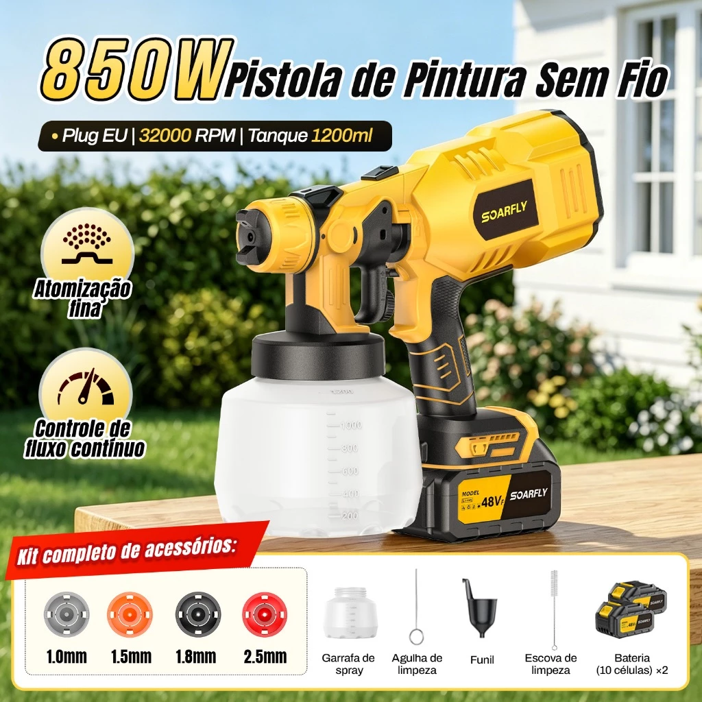Pistola de Pintura Pulverizador Sem Fio 850W + 2 Baterias Extras